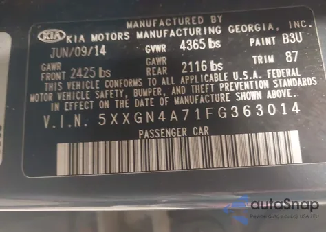 2015 Kia Optima Ex z USA, uszkodzony, nr VIN 5XXGN4A71FG363014